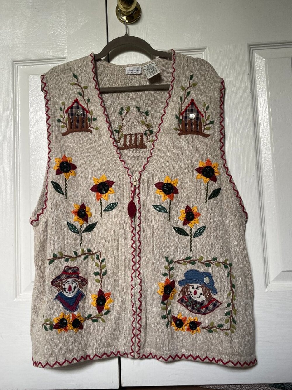 Vtg White Stag Fall Harvest Scarecrow Sunflower Zip Sweater Vest 22W/24W